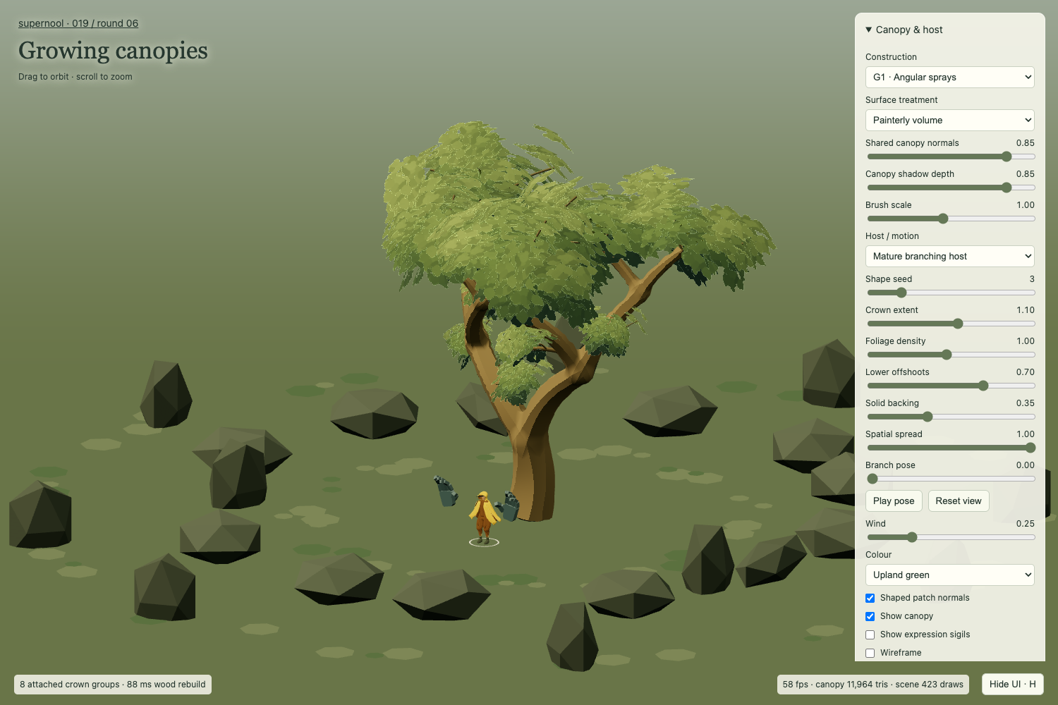 Refined G1 rendering with broader foliage marks and grouped light and shade