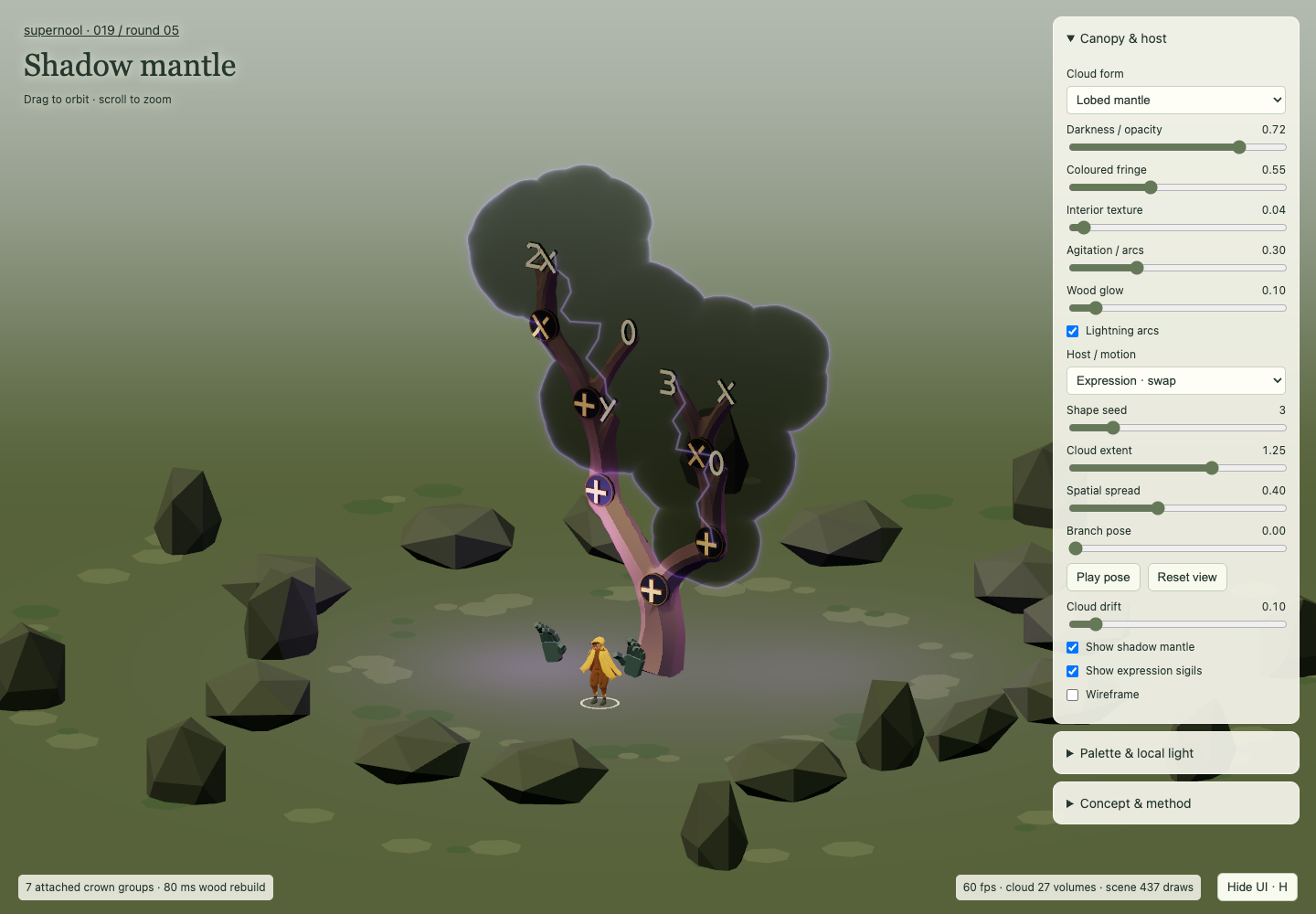 Actual 3D rendering: dark translucent mantle with a violet fringe and visible algebraic sigils and wooden branches