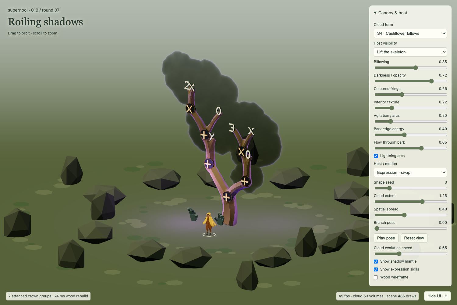 Actual 3D study: moving cauliflower cloud billows around readable hewn branches