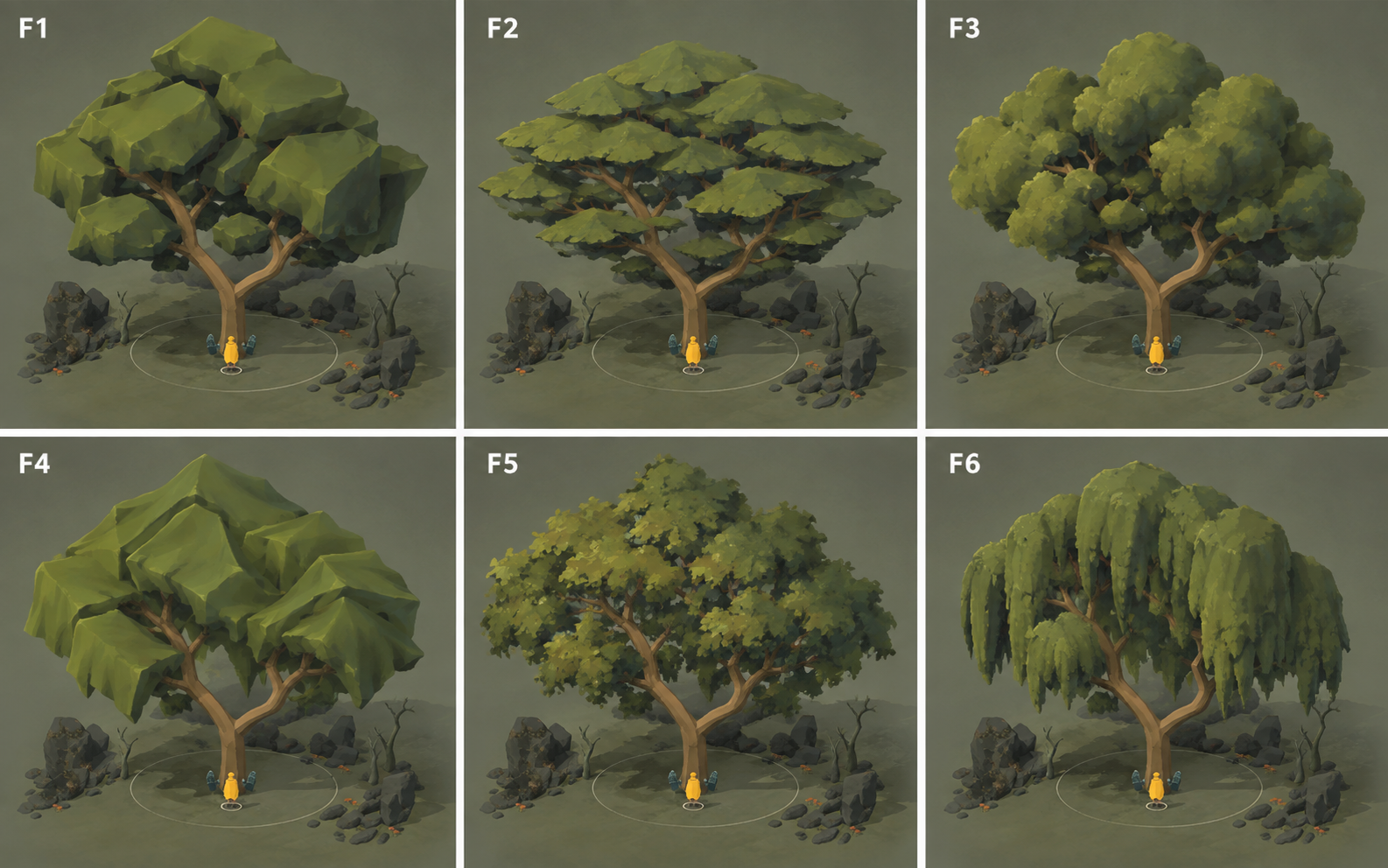 Six mature canopy concepts: F1 angular masses, F2 layered shelves, F3 rounded clusters, F4 folded membranes, F5 textured clusters, F6 hanging curtains