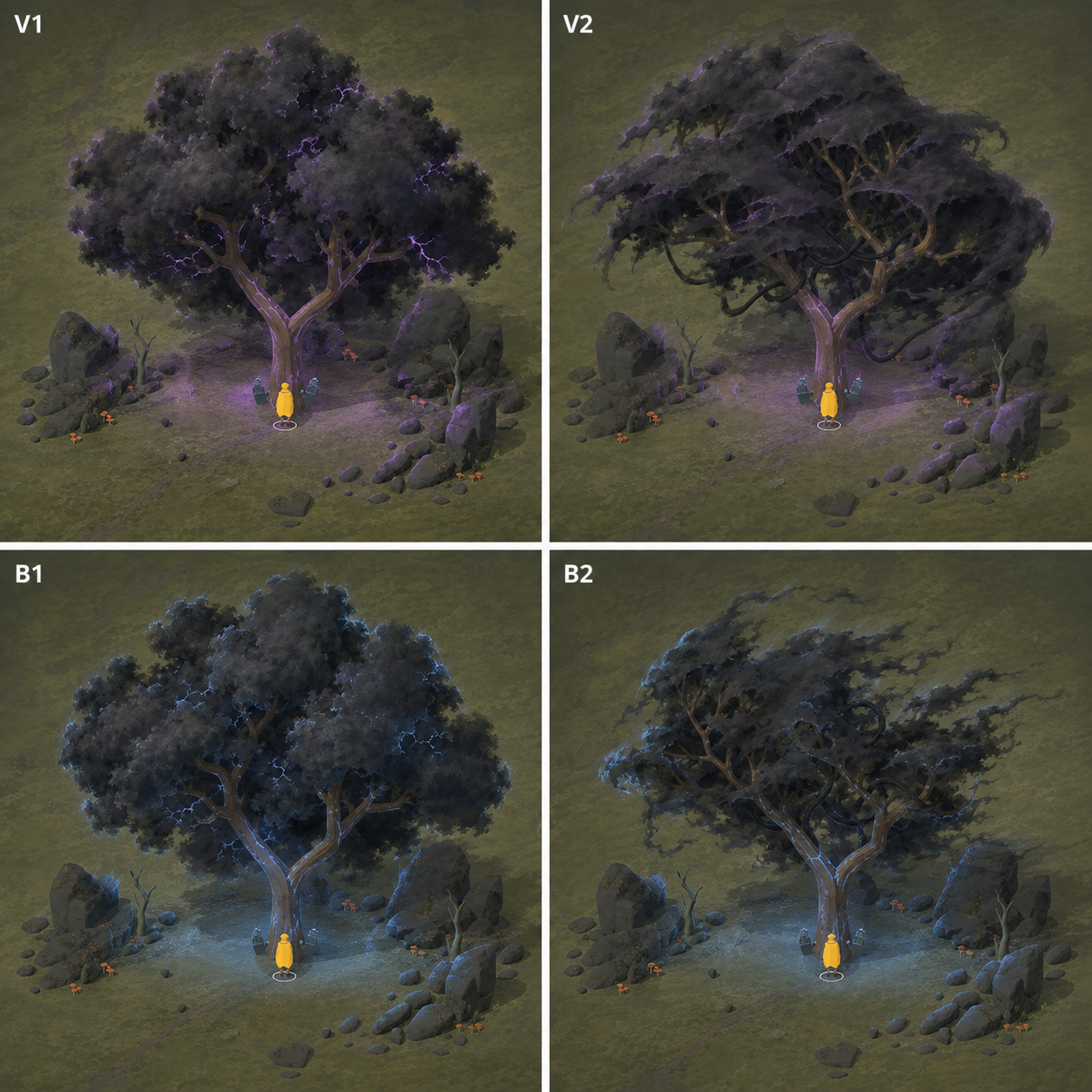 V1 and V2: subdued violet shadow foliage; B1 and B2: separate blue shadow foliage, each casting local colour onto rocks and ground