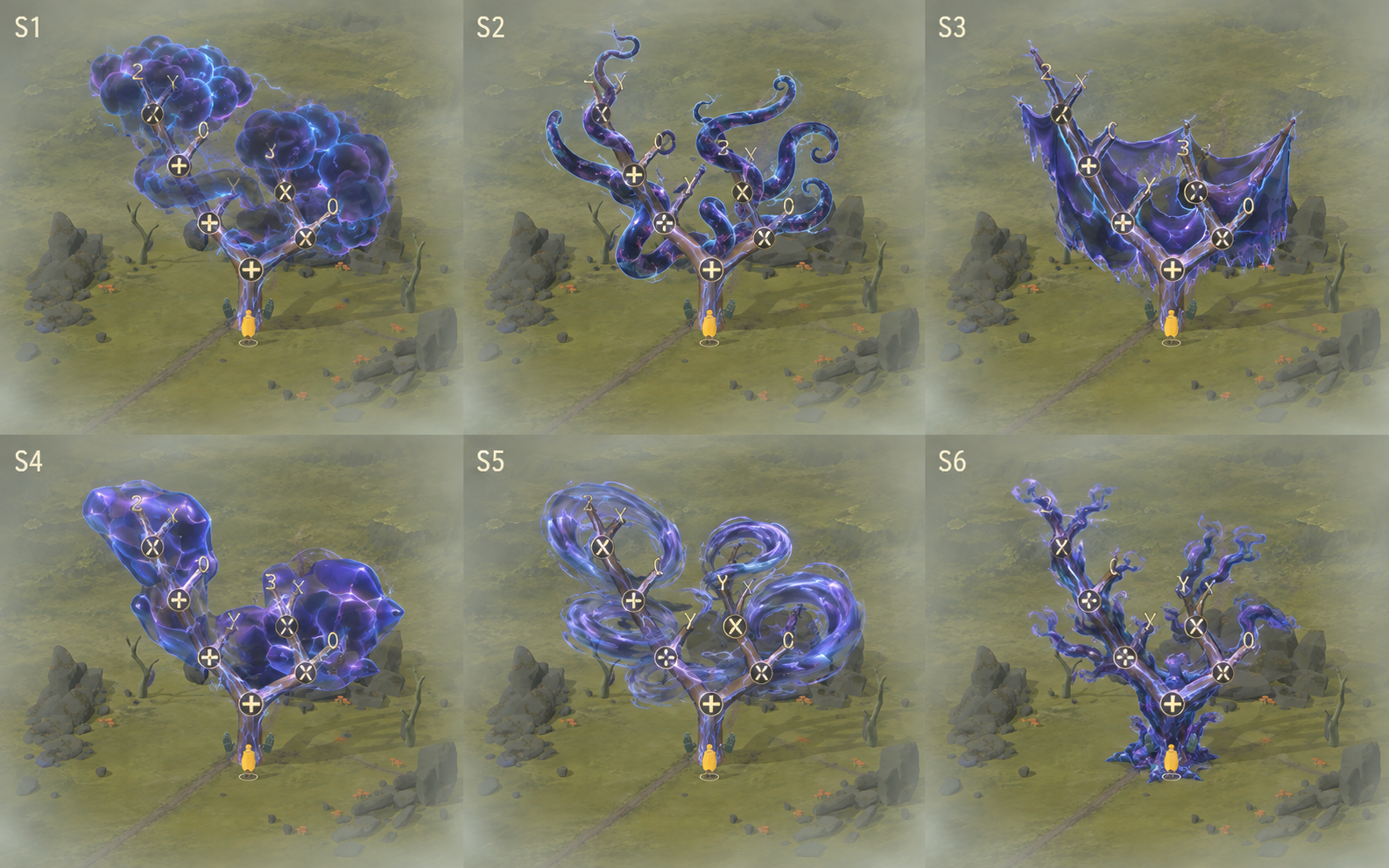 Six inhabited-tree concepts: S1 storm mantle, S2 tendril body, S3 folded shroud, S4 liquid crystal, S5 current wreaths, S6 cloaked wood